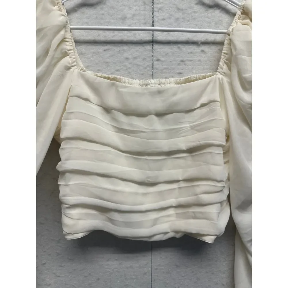 Abercrombie & Fitch White Ruched Puff Sleeve Crop Blouse L Romantic Peasant Top
